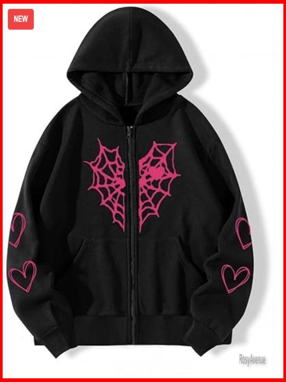 Gothic Spider Web Heart Hoodie Punk Zip Up Coat Jacket Oversized